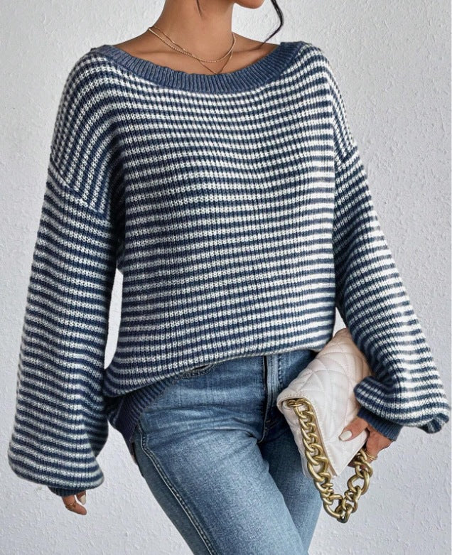 Boat Neck Long Sleeve Striped Sweater