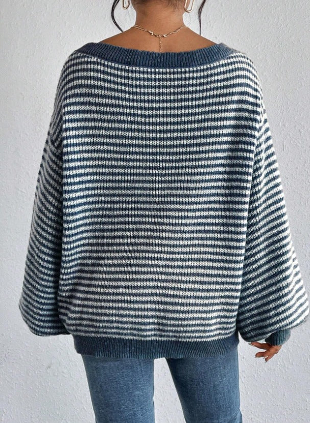 Boat Neck Long Sleeve Striped Sweater