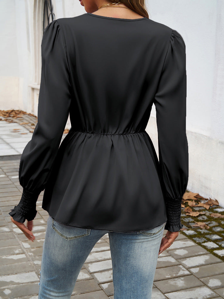 V-Neck Cuffed Long Sleeve Blouse with Waist Tie