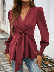 V-Neck Cuffed Long Sleeve Blouse with Waist Tie