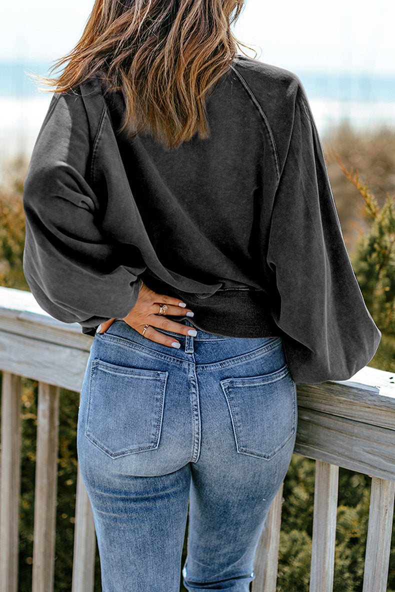Loose Fit V-Neck Button Collar Sweatshirt