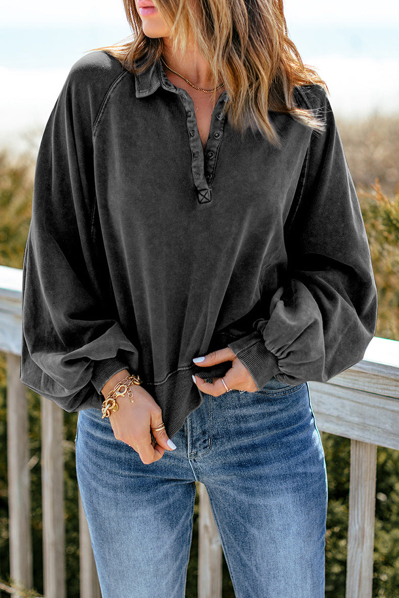 Loose Fit V-Neck Button Collar Sweatshirt