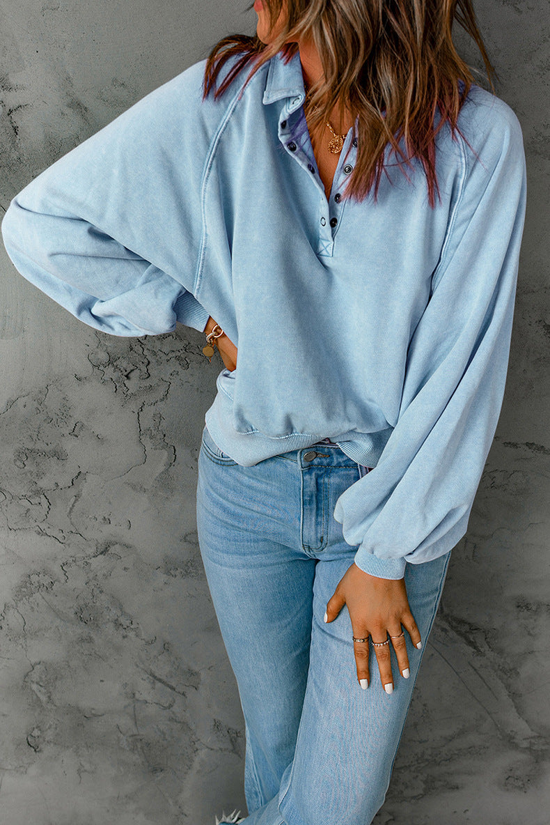 Loose Fit V-Neck Button Collar Sweatshirt