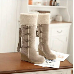 Suede Knee Length Boots with Wedge Heel