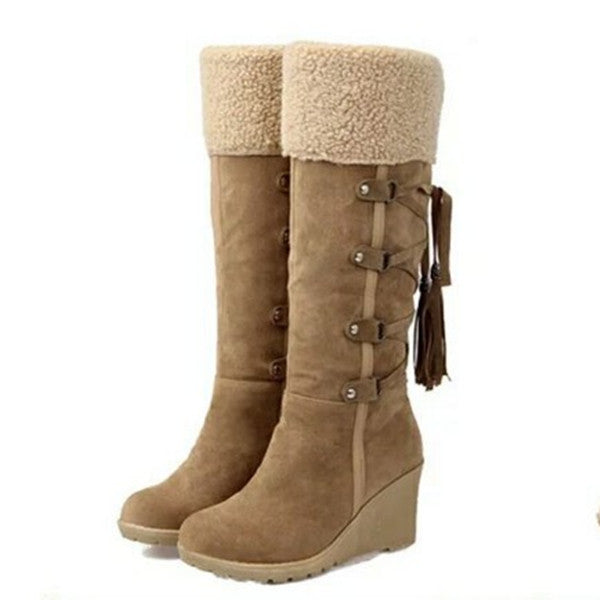 Suede Knee Length Boots with Wedge Heel