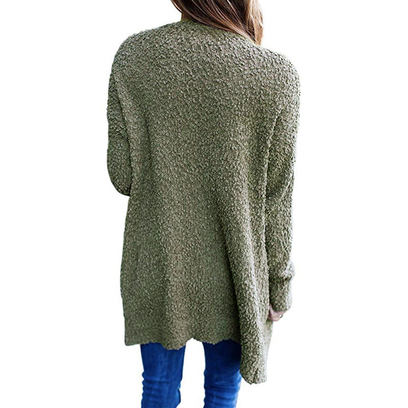 Solid Color Fleece Mid-Length Cardigan