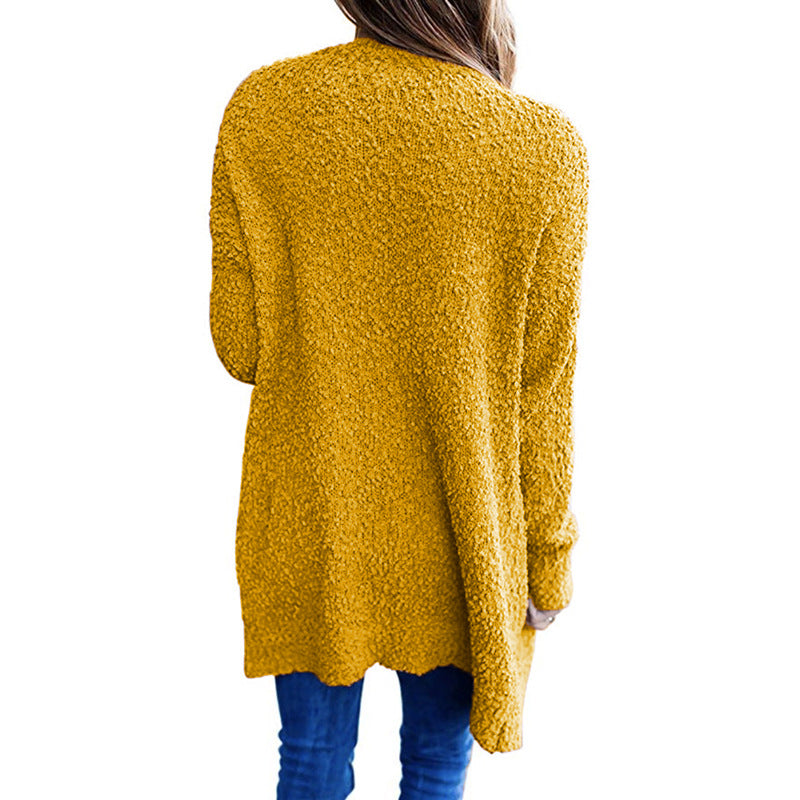 Solid Color Fleece Mid-Length Cardigan