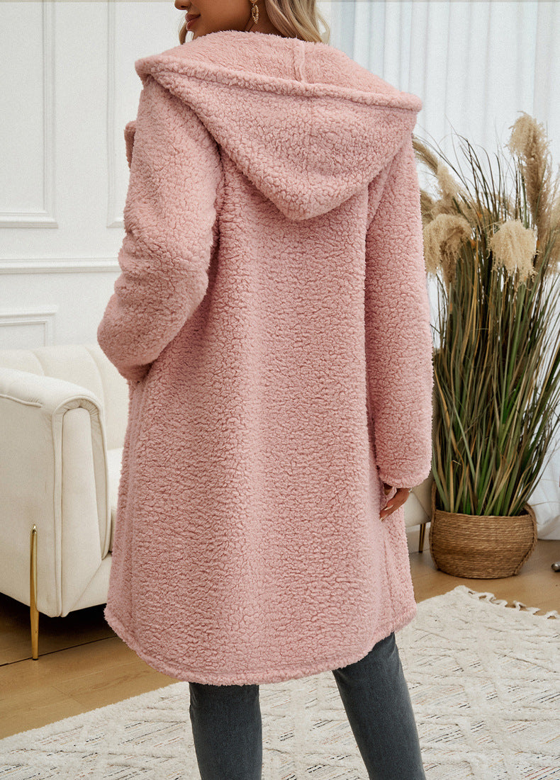 Manteau à capuche en peluche jusqu'aux genoux avec poches