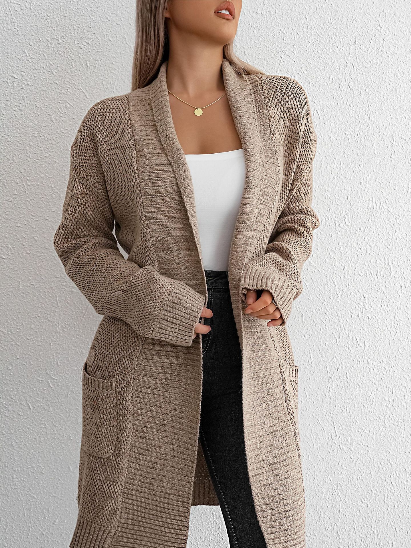 Solid Colour Mid-Thigh Knit Cardigan with Pockets