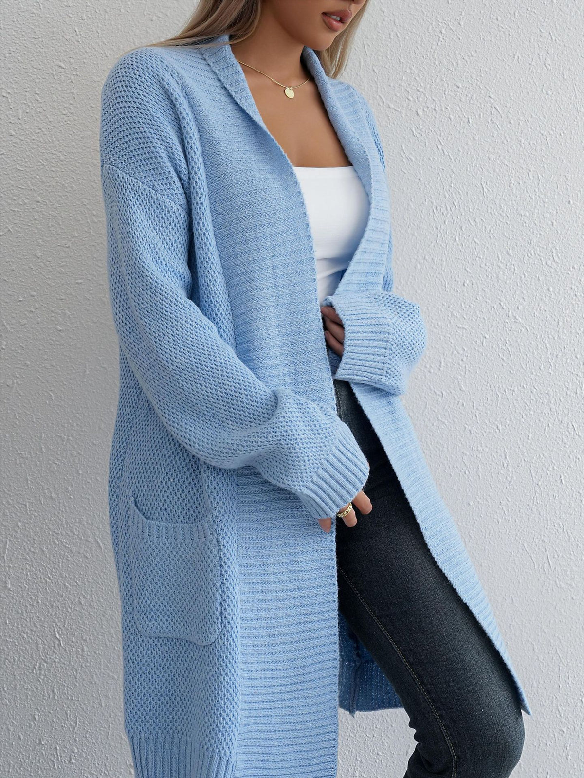 Solid Colour Mid-Thigh Knit Cardigan with Pockets