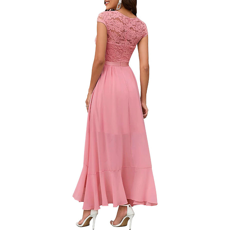 V-Neck Short Sleeve Formal Dress with Lace Bodice