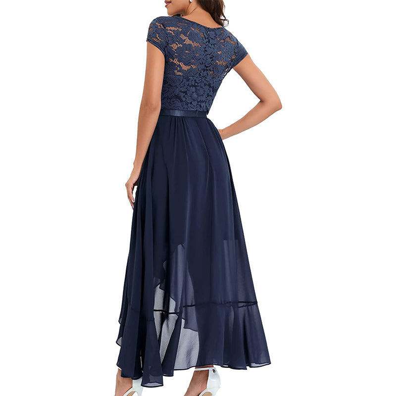 V-Neck Short Sleeve Formal Dress with Lace Bodice