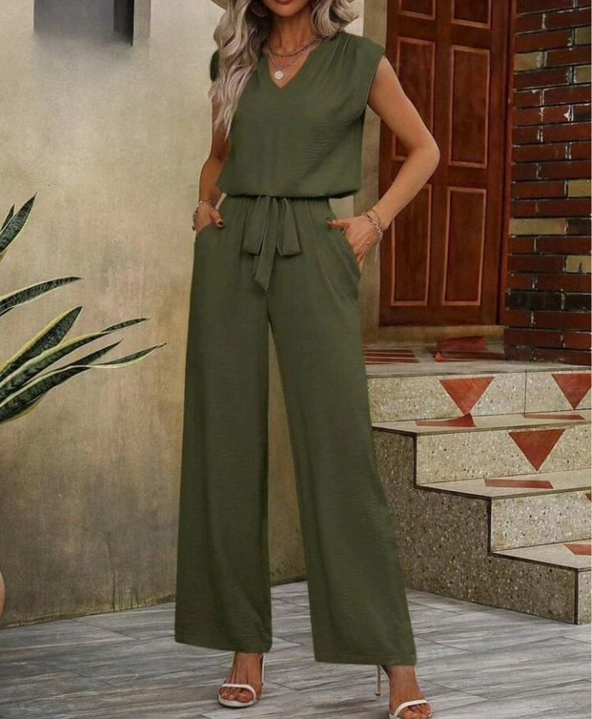 Solid Color Sleeveless V-Neck Top with Wide-Leg Pants Set