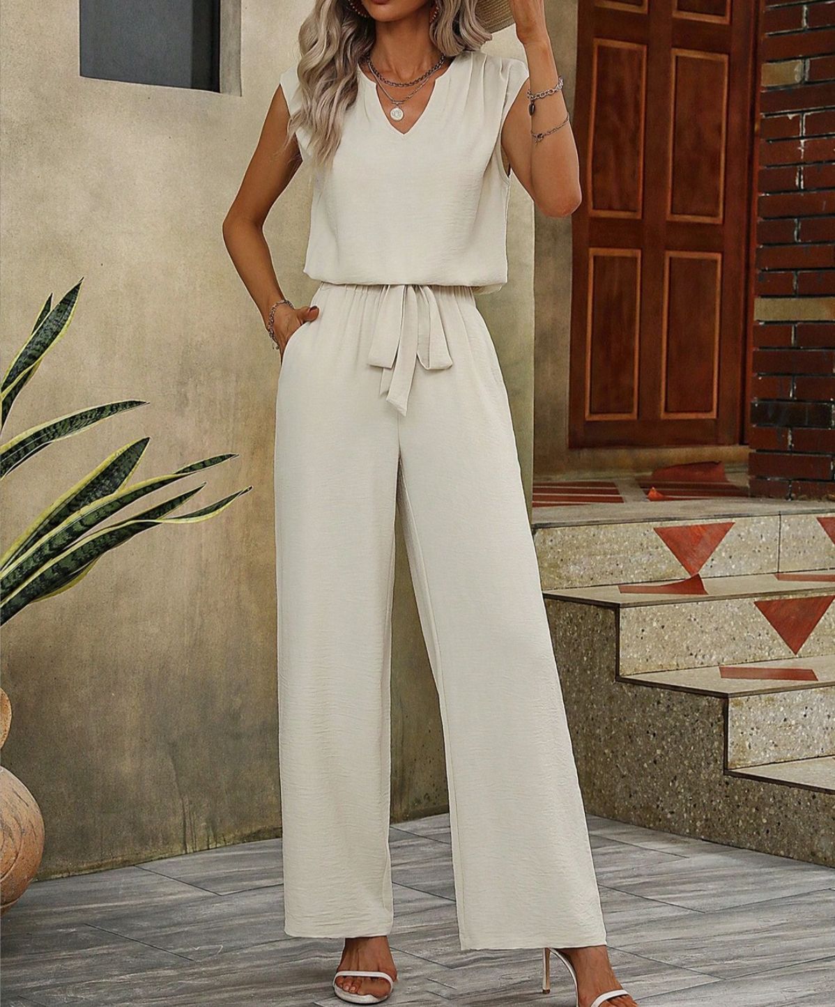 Solid Color Sleeveless V-Neck Top with Wide-Leg Pants Set