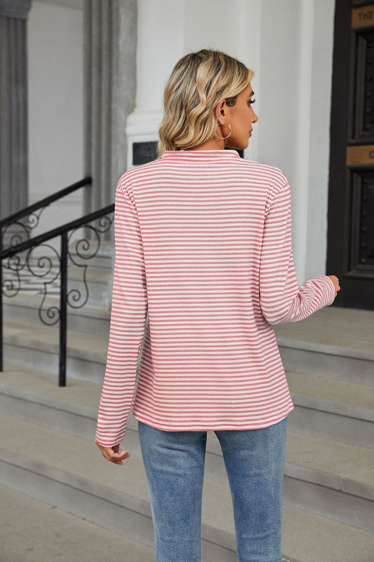 V-Neck Striped Long Sleeve Shirt