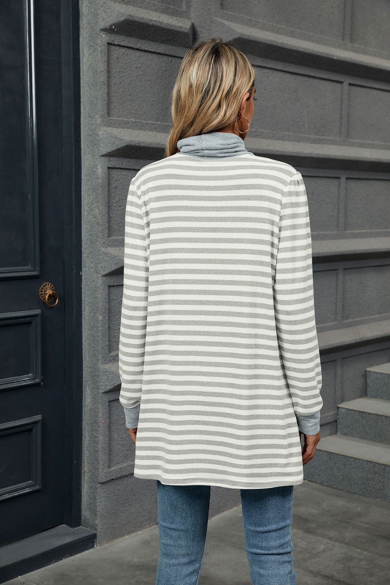 Turtleneck Striped Long Sleeve Shirt with Pockets