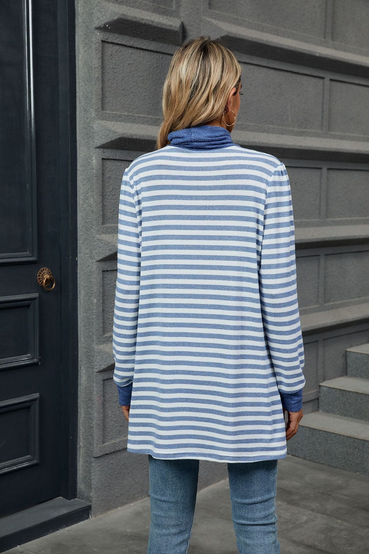 Turtleneck Striped Long Sleeve Shirt with Pockets