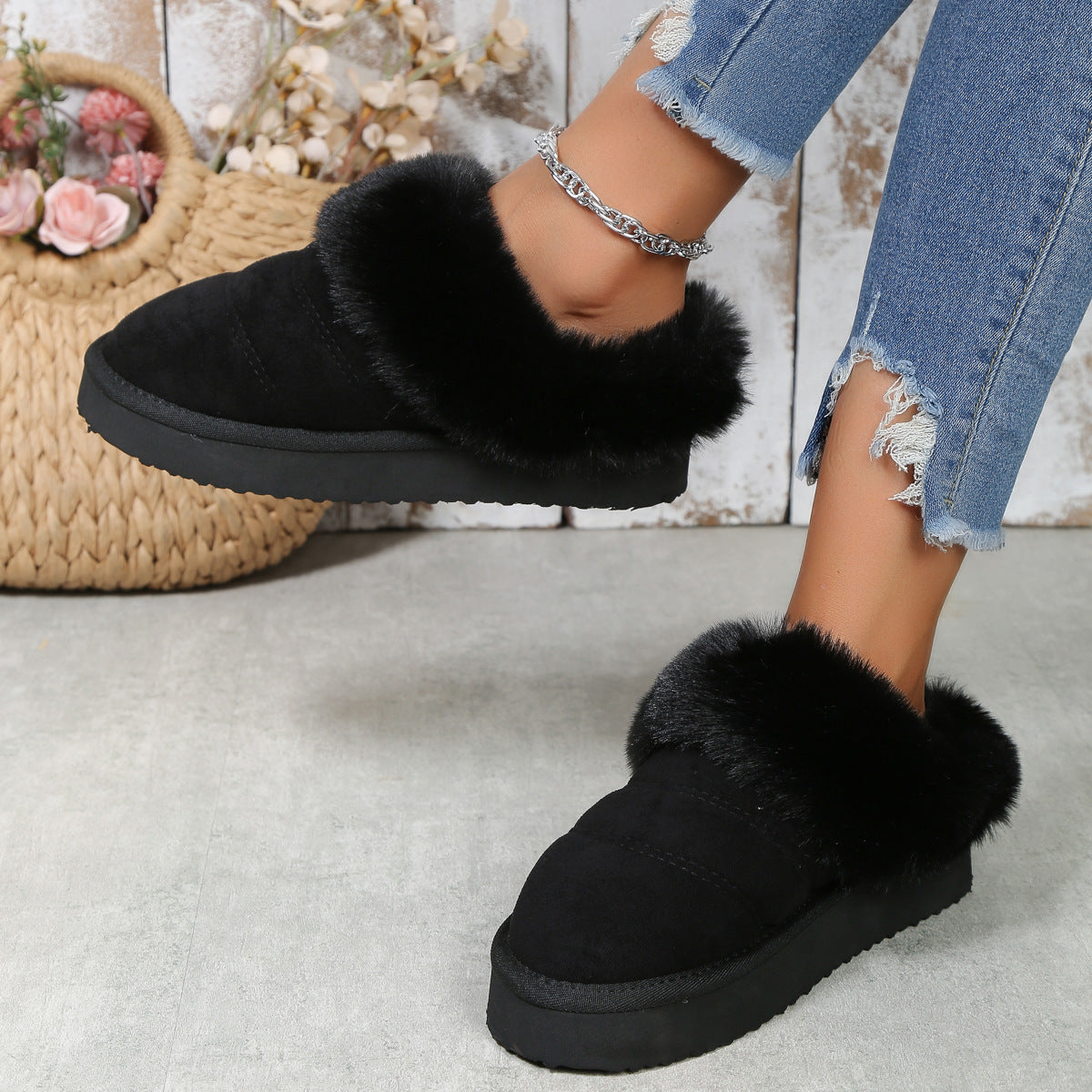 Fleece-Lined Platform Slippers