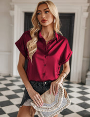 Button-Up Short Sleeve Blouse with Lapel
