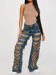 Vintage Distressed High-Waisted Flared Denim Jeans