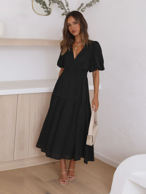 Robe midi unie à col en V et manches bouffantes, disponible en 4 couleurs, tailles 4 à 10 