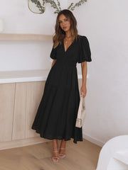Robe midi unie à col en V et manches bouffantes, disponible en 4 couleurs, tailles 4 à 10 