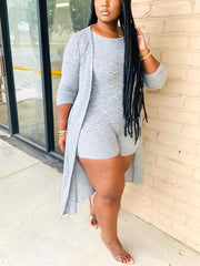 Two Pieces Solid Color Ribbed Romper Cardigan