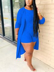 Two Pieces Solid Color Ribbed Romper Cardigan