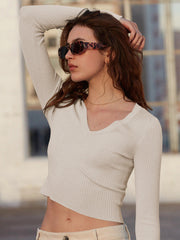 Cropped V-Neck Long Sleeve Knit Top in 4 Colors S-XL