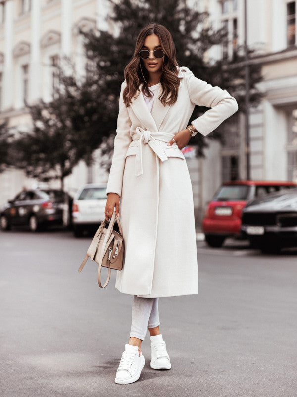 Long Sleeve Wool Coat with Waist Tie in 4 Colors S-XXL