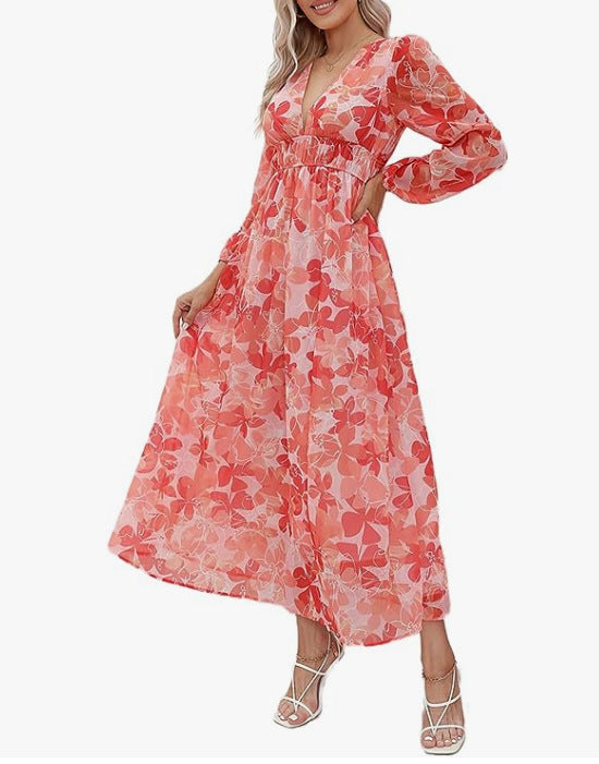 Printed V-Neck Long Sleeve Summer Maxi Dress