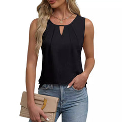 Solid Colour Pleated Sleeveless Top with Keyhole
