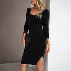 Square Neckline Woolen Dress in 5 Colors S-XL