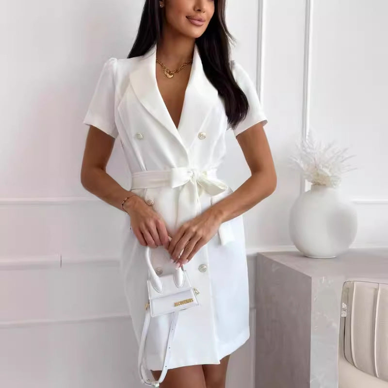 Short Sleeve V-Neck Double Breasted Suit Dress with Waist Tie