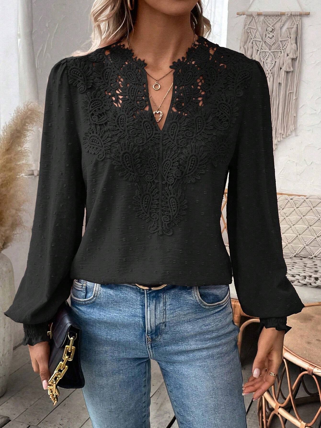 Elegant Long Sleeve Blouse with Lace Overlay