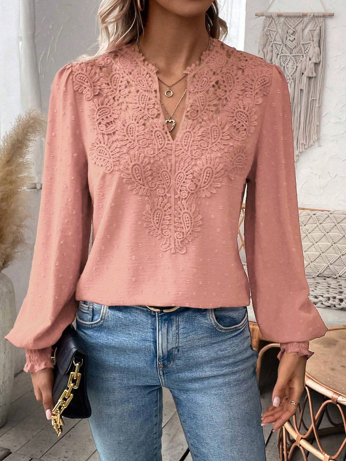 Elegant Long Sleeve Blouse with Lace Overlay