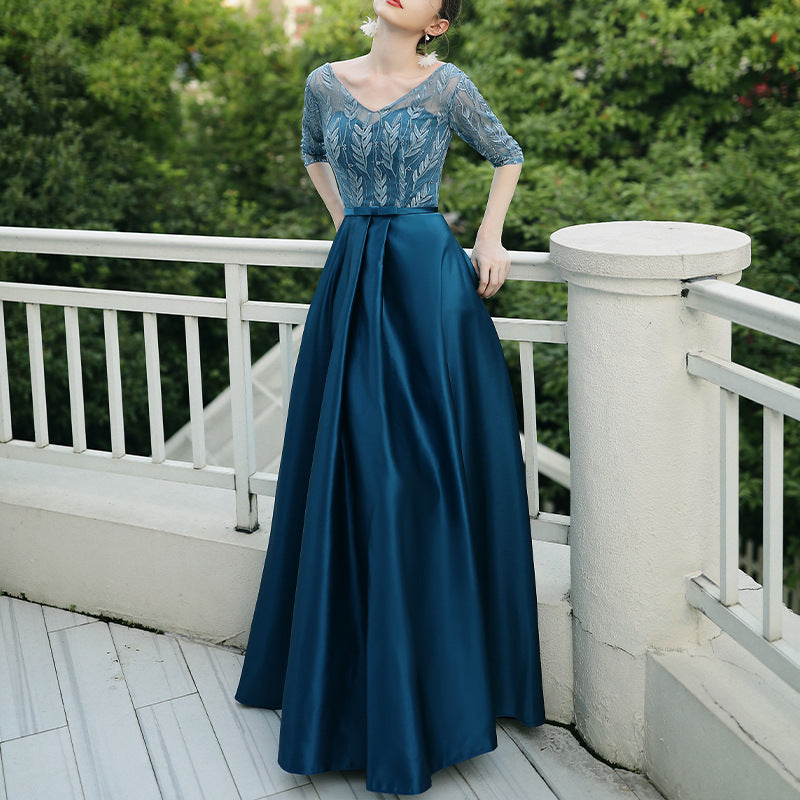 Elegant Evening Gown with Lace Sleeves in 6 Colors XS-4XL