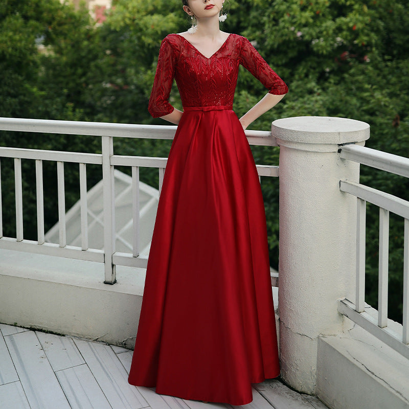 Elegant Evening Gown with Lace Sleeves in 6 Colors XS-4XL