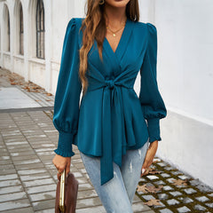 V-Neck Cuffed Long Sleeve Blouse with Waist Tie