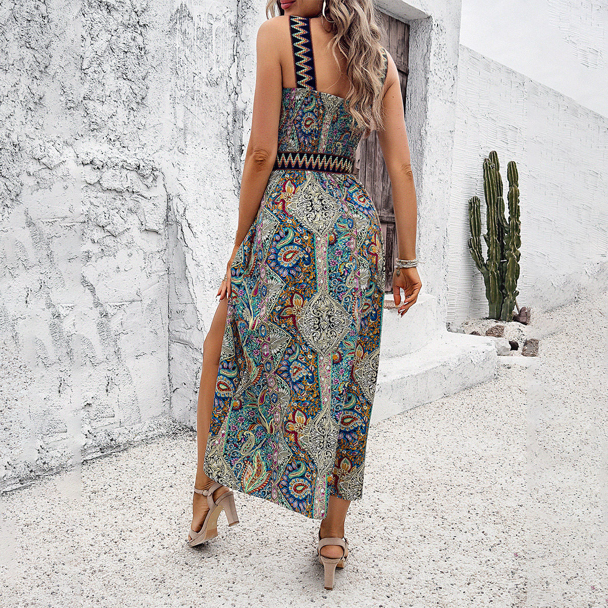 Paisley Print Halterneck Midi Dress with Leg Slit S-XL