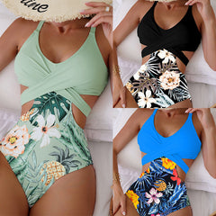 Tropical Print One Piece Swimsuit with Back Tie