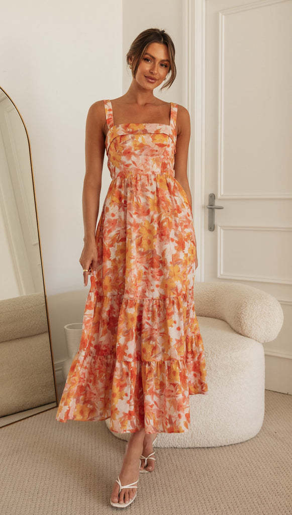 Sleeveless Square Neck Floral Maxi Dress with Open Back