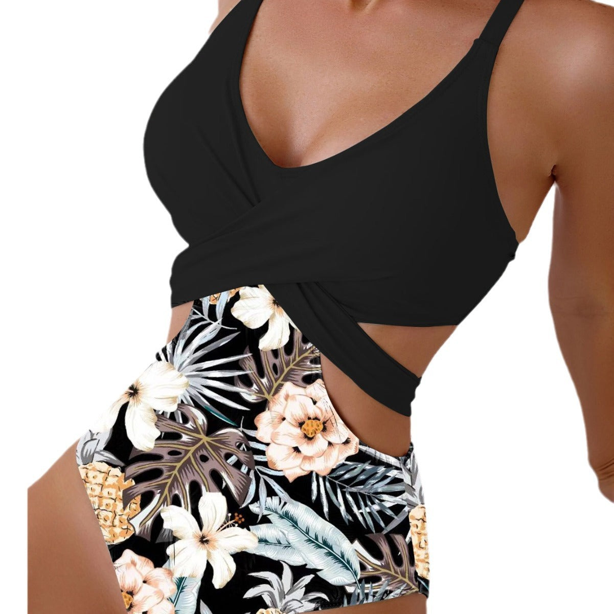Tropical Print One Piece Swimsuit with Back Tie