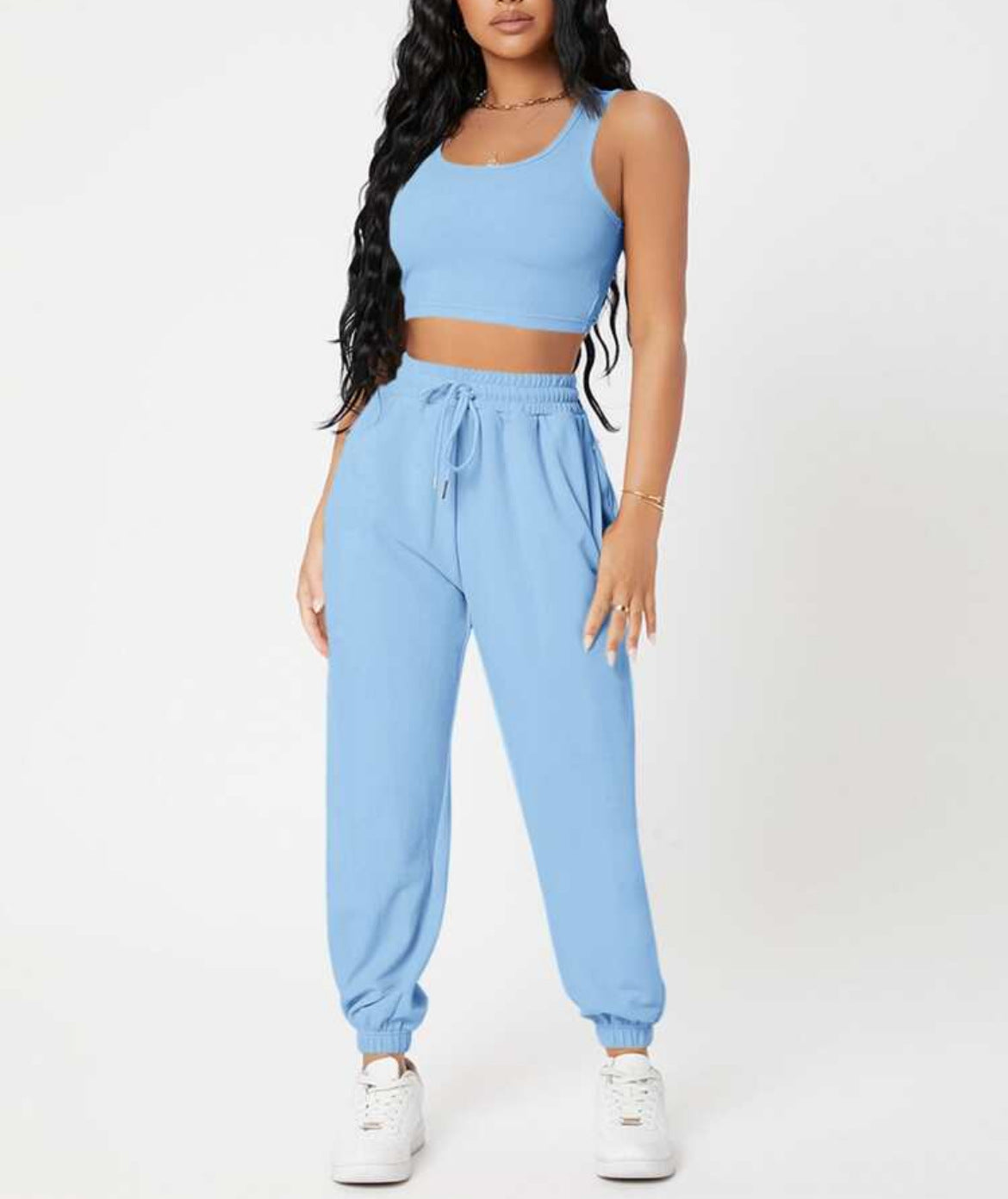 Sleeveless Crop Top with Cuffed Sweatpants Activewear Set in 7 Colors S-XL