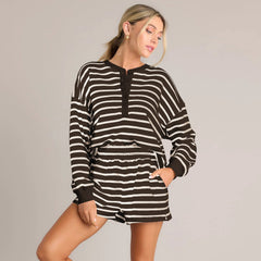 Striped Long Sleeve Top with Shorts Loungewear Set