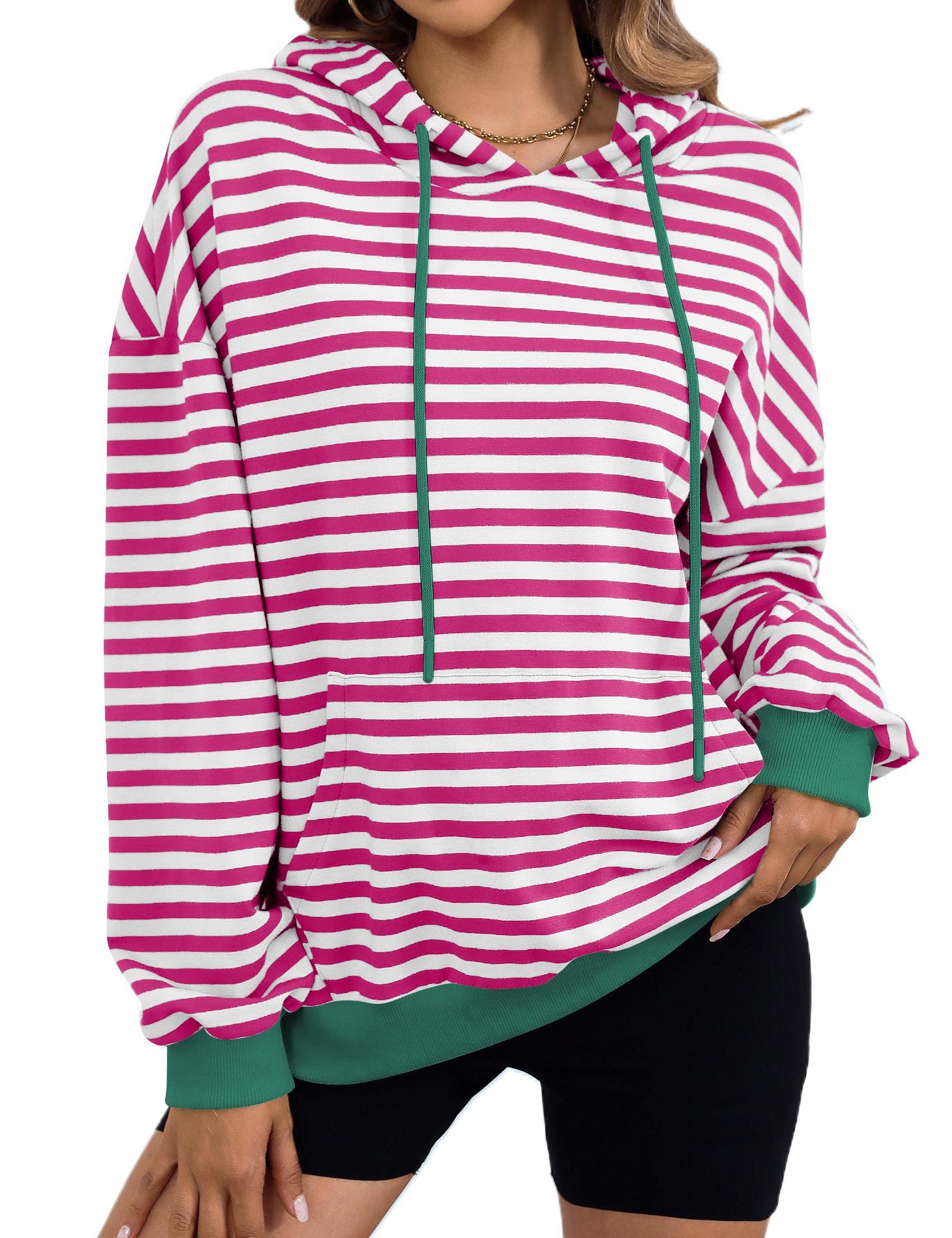 Long Sleeve Striped Hoodie with Kangaroo Pocket