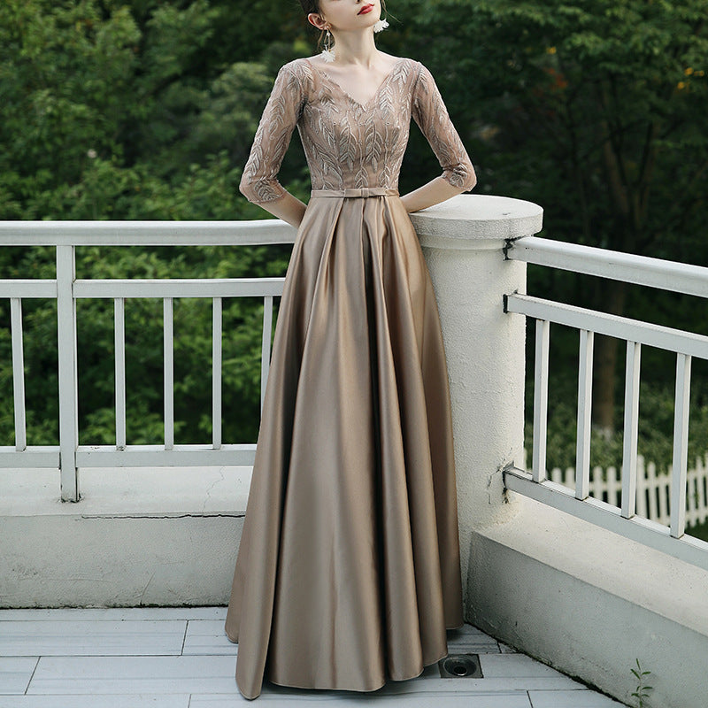 Elegant Evening Gown with Lace Sleeves in 6 Colors XS-4XL