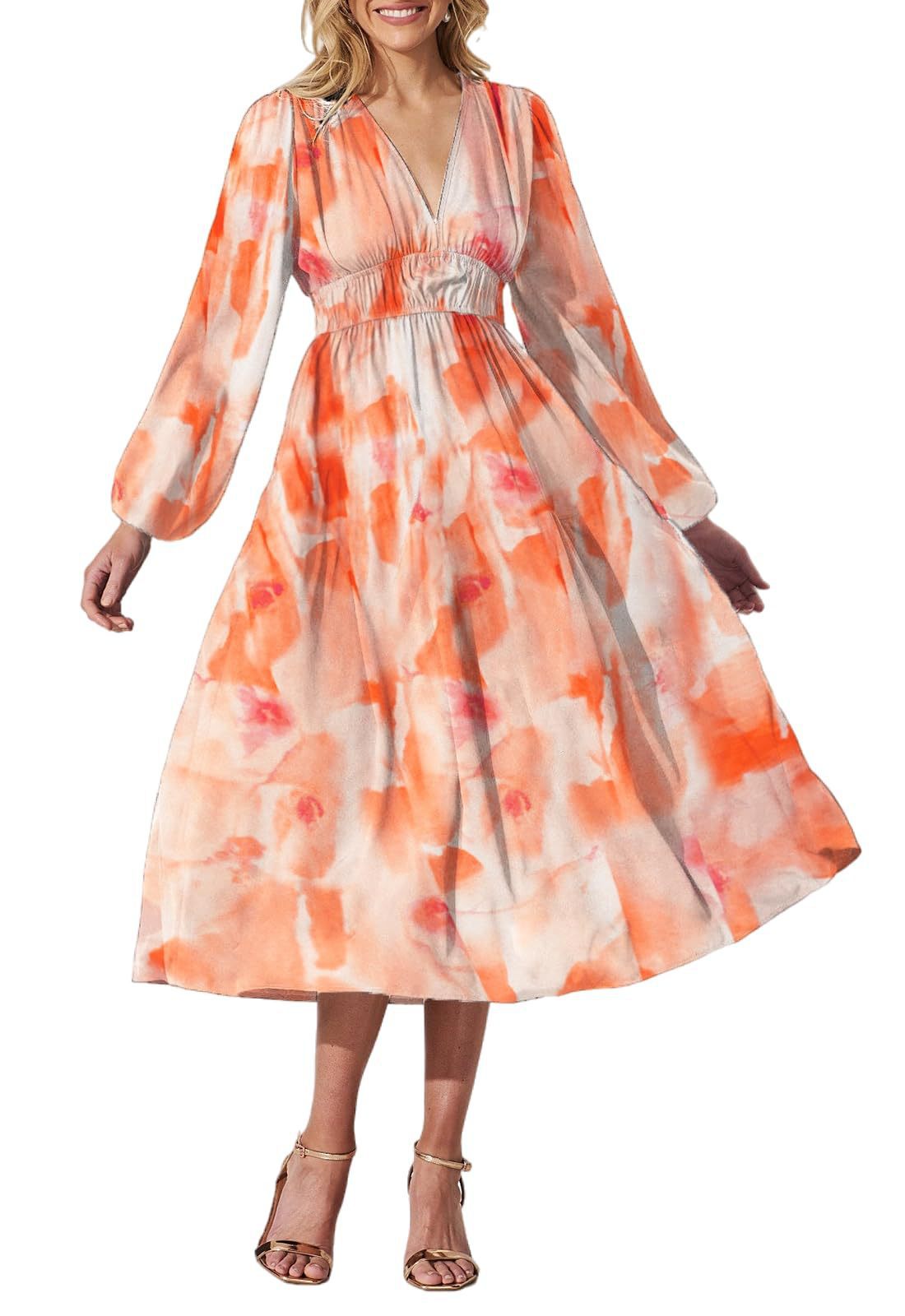 Printed V-Neck Long Sleeve Summer Maxi Dress