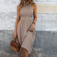 High Waist Printed Halter Neck Midi Dress S-XL