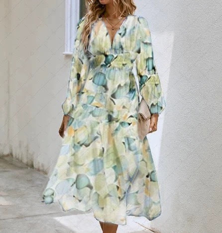 Printed V-Neck Long Sleeve Summer Maxi Dress